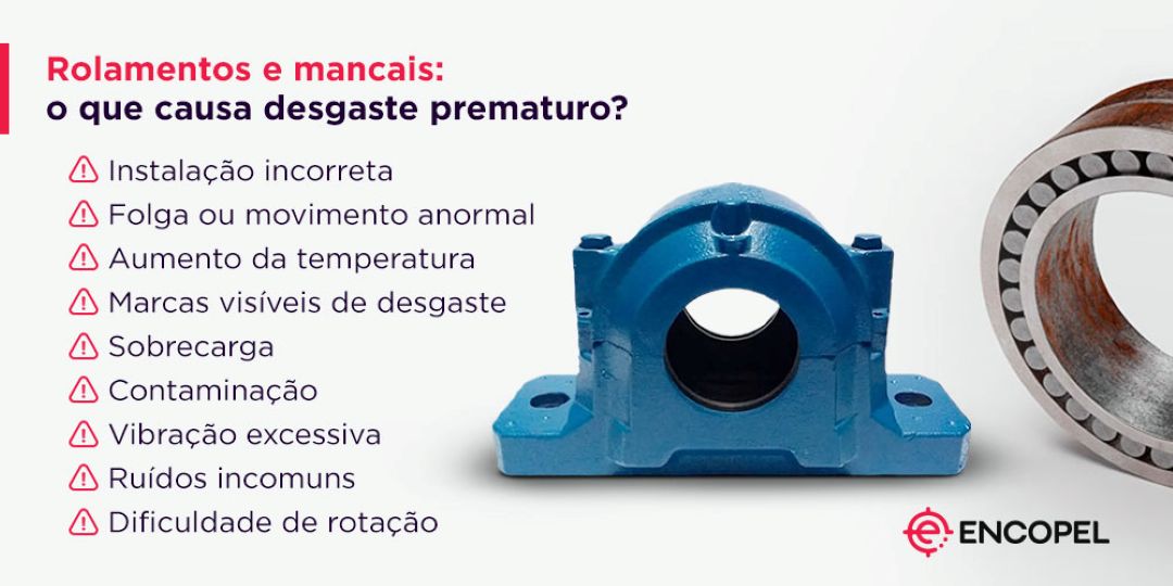 Rolamentos e mancais: o que causa desgaste prematuro? - Instalação incorreta - Sobrecarga - Contaminação - Vibração excessiva - Ruídos incomuns - Aumento da temperatura - Folga ou movimento anormal - Marcas visíveis de desgaste - Dificuldade de rotação