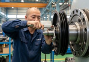 Técnico instala polia fixa com chaves de boca em ambiente industrial.