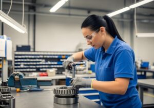 Técnica manuseando rolamentos SKF em bancada industrial
