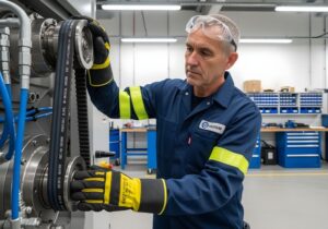 Técnico instala correia Poly V com segurança em ambiente industrial.