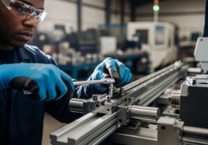 Técnico instala guia linear com patins em ambiente industrial.