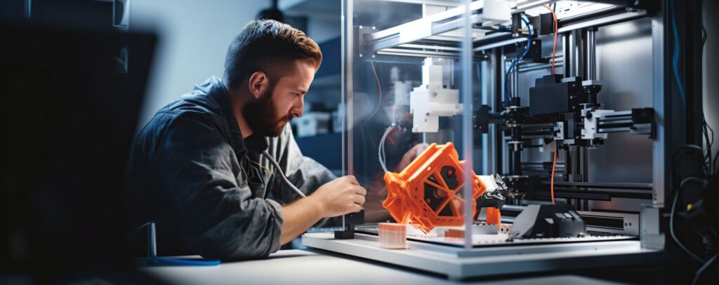 Engenheiro monitora impressora 3D industrial, exemplo prático de manufatura aditiva em operação.