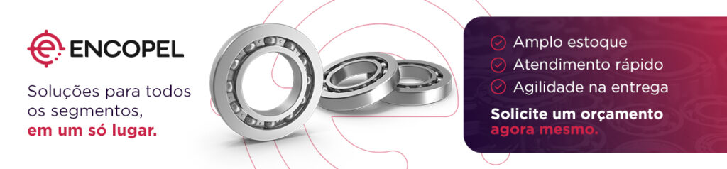 Banner da Encopel com rolamentos metálicos e destaque para soluções industriais e solicitação de orçamento.